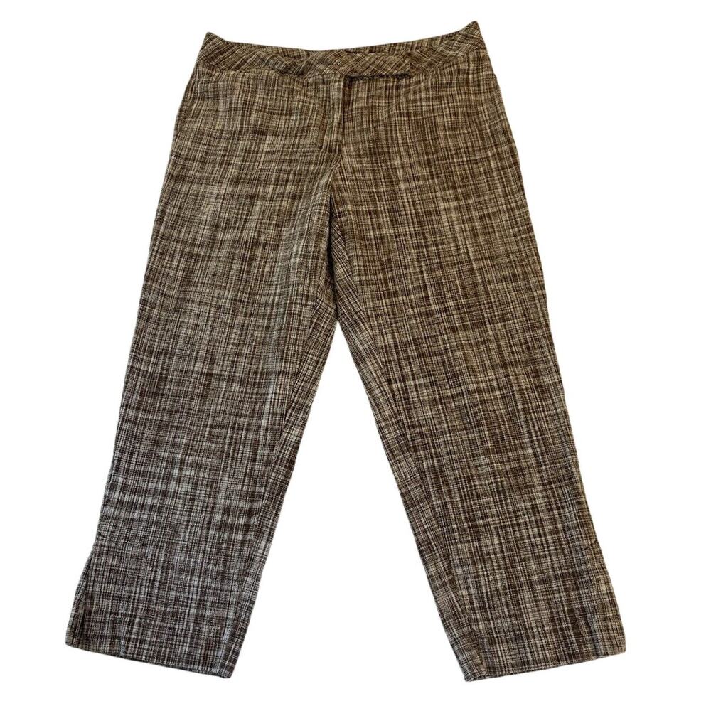 Talbots Linen Blend Crosshatch Plaid Capri Crop Pants Brown & Cream Size 12